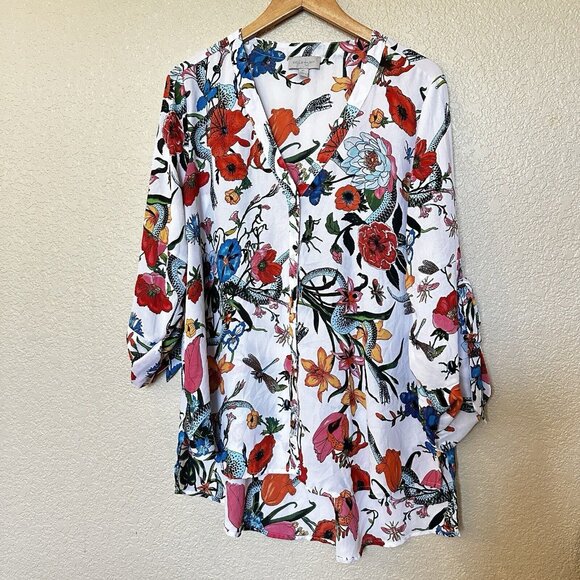 Belle And Sky Floral And Insect Tunic Blouse XL Dragonfly Beetles Wasp - Picture 1 of 10